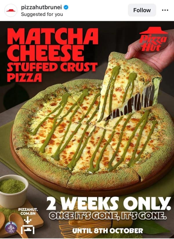 Official Pizza Hut Brunei advertisement promoting a limited-time Matcha Cheese Stuffed Crust Pizza featuring bright green drizzle across melted cheese.
