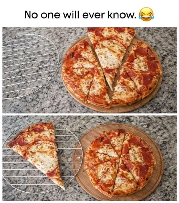 Two-panel photo demonstrating how to secretly cut out a massive strip from the center of a pepperoni pizza and push the remaining halves together.