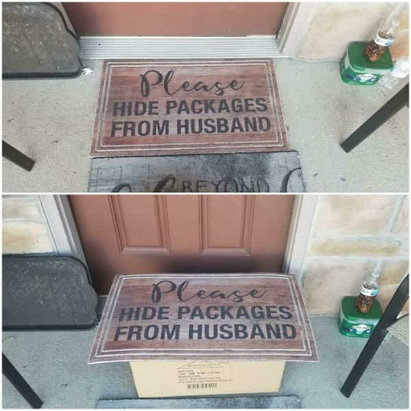 Doormat asking to hide packages from husband placed directly on top of a delivery box.