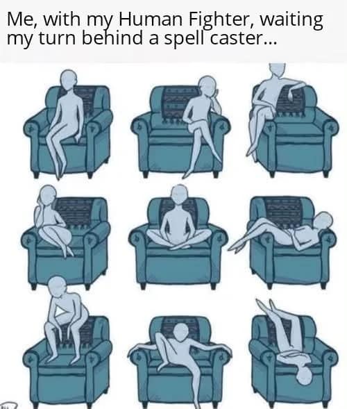 A combat turn impatience d&d meme illustrating a figure contorting into nine absurd sitting positions in an armchair while waiting for a spellcaster to calculate their area-of-effect damage.