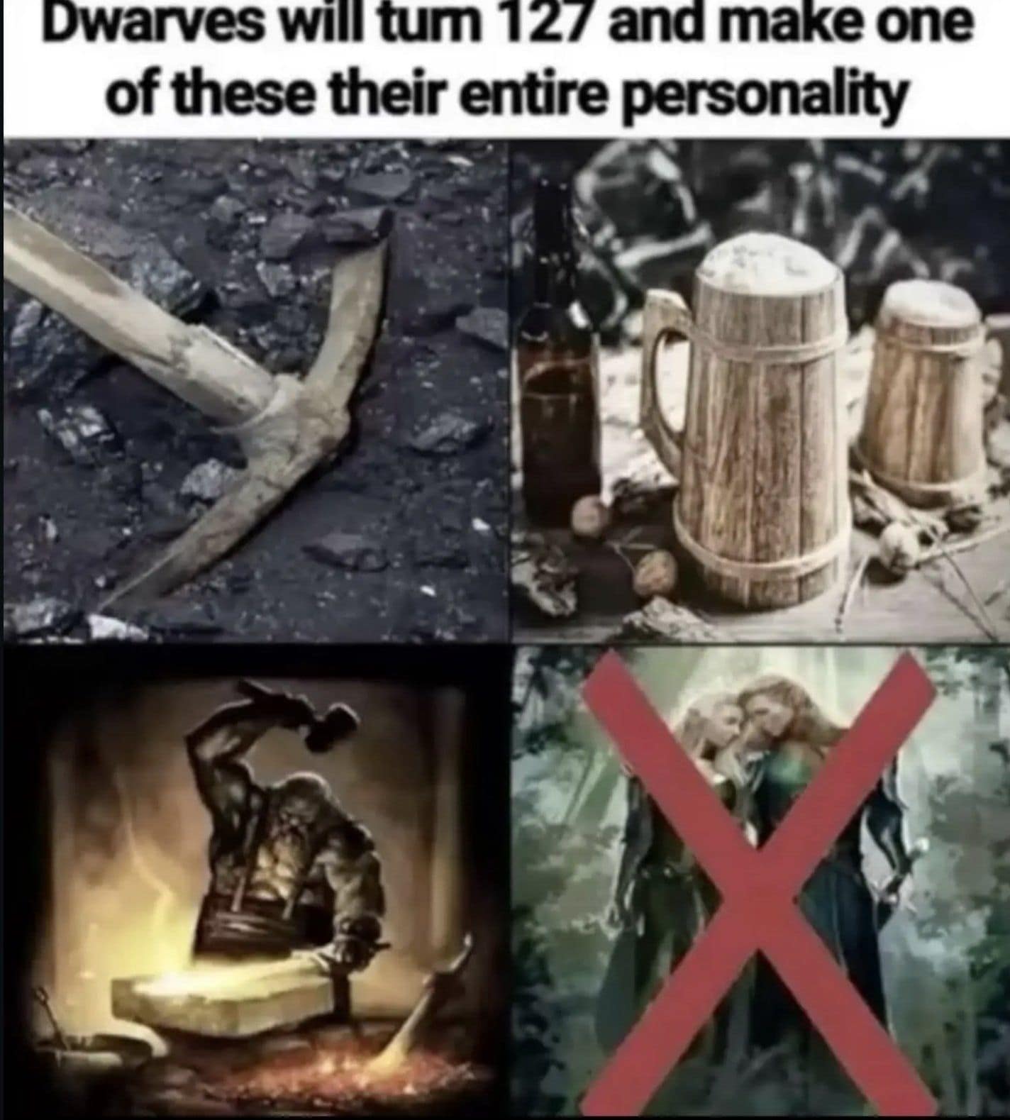 Four classic fantasy tropes show pickaxes, frothy beer mugs, blacksmithing anvils, and crossed-out elves to mock how dwarves choose their life path in a relatable dnd meme.