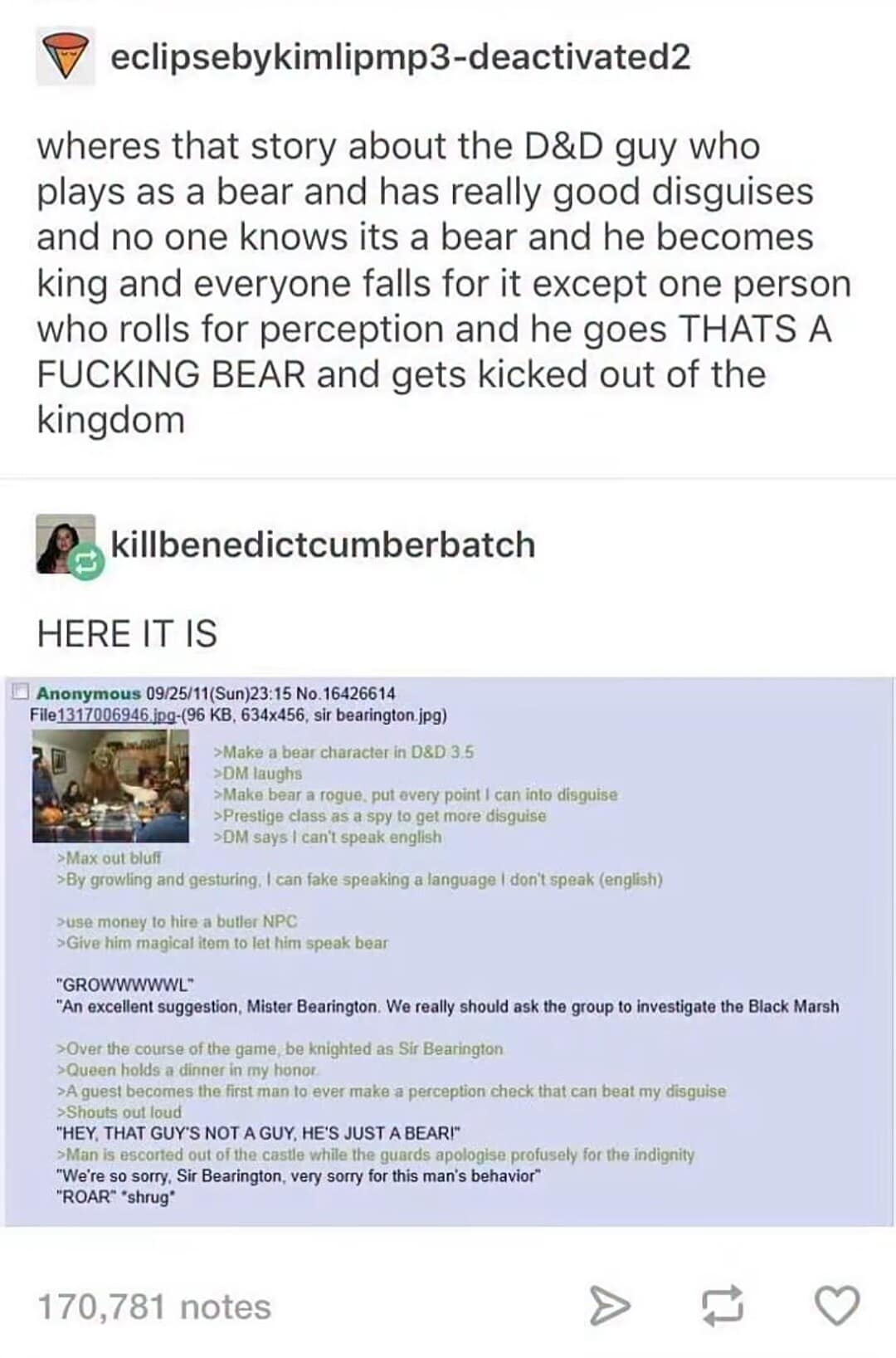 Legendary 4chan green text post telling the story of Sir Bearington, a rogue bear in a dnd meme whose disguise skill was so high he convinced an entire kingdom he was human nobility.