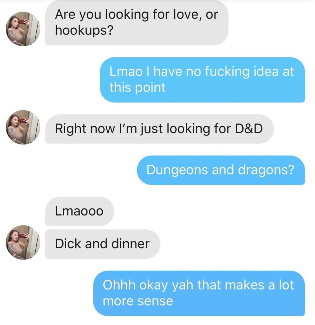 Dating app text thread where a misunderstanding about looking for "D&D" gets clarified from Dungeons & Dragons to "Dick and dinner" in a funny dnd meme.