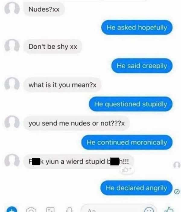 Text exchange showing a flirty text fail where every message receives dramatic book-style narration.