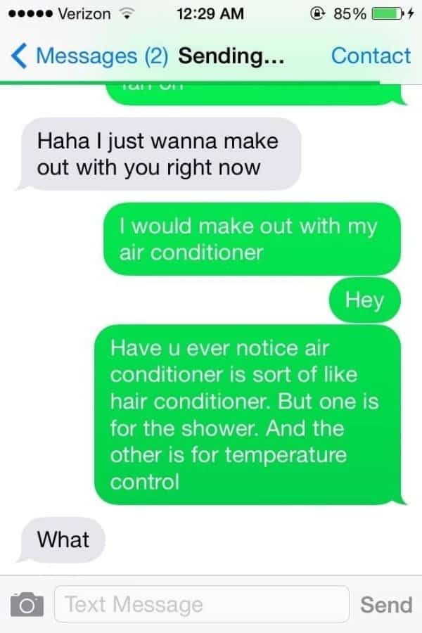 Flirty text fail where a romantic proposal gets derailed by random shower thoughts on conditioners.