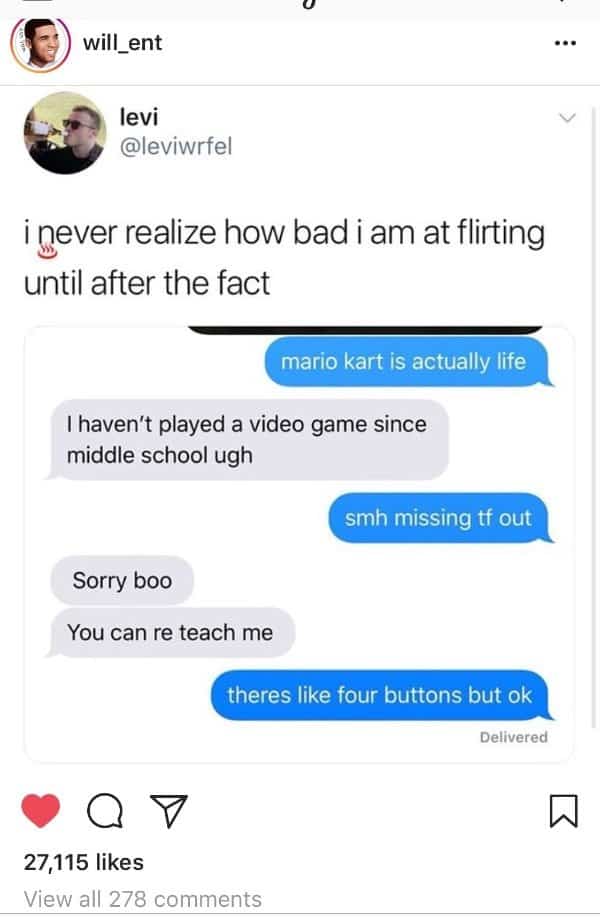 Awkward dating text fail where a smooth Mario Kart teaching offer gets shut down completely.