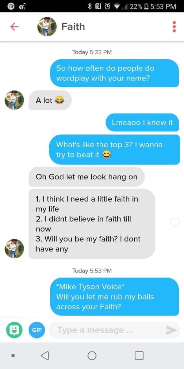 Dating text exchange where a friendly name pun turns into an offensive flirty text fail.