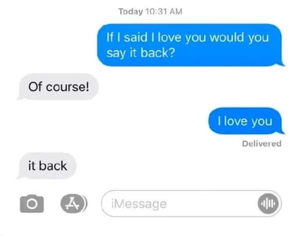 Flirty text fail where a romantic confession receives the literal phrase it back in response.
