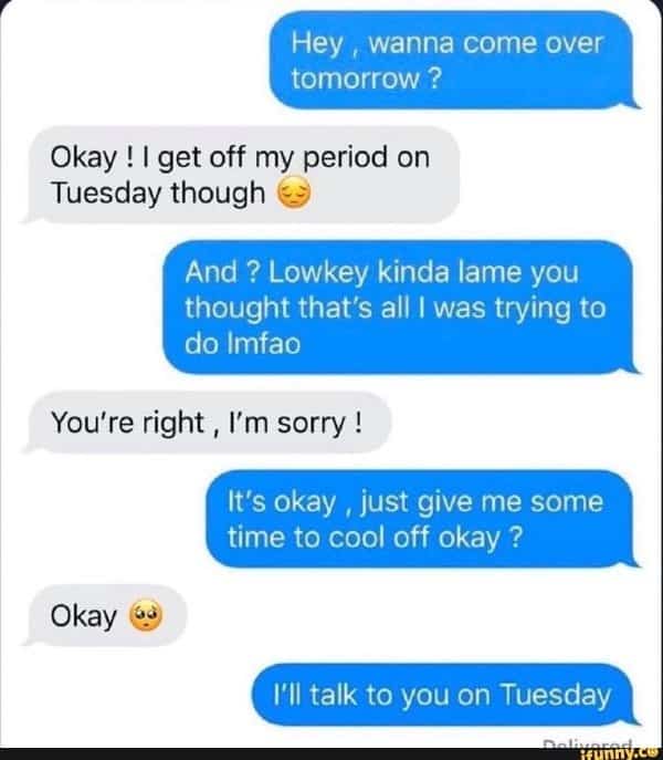 Flirty text fail where a guy pretends not to care then reschedules for Tuesday anyway.