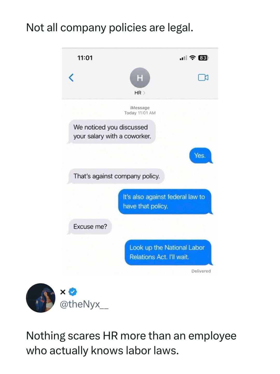 Text conversation meme about an employee citing the National Labor Relations Act to HR.