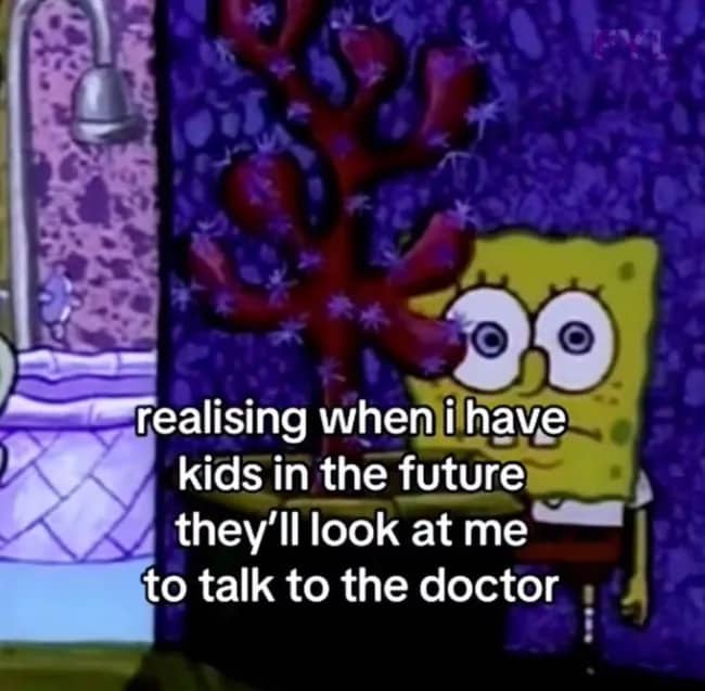 SpongeBob looking nervous behind a plant contemplating talking to doctors for future kids meme.