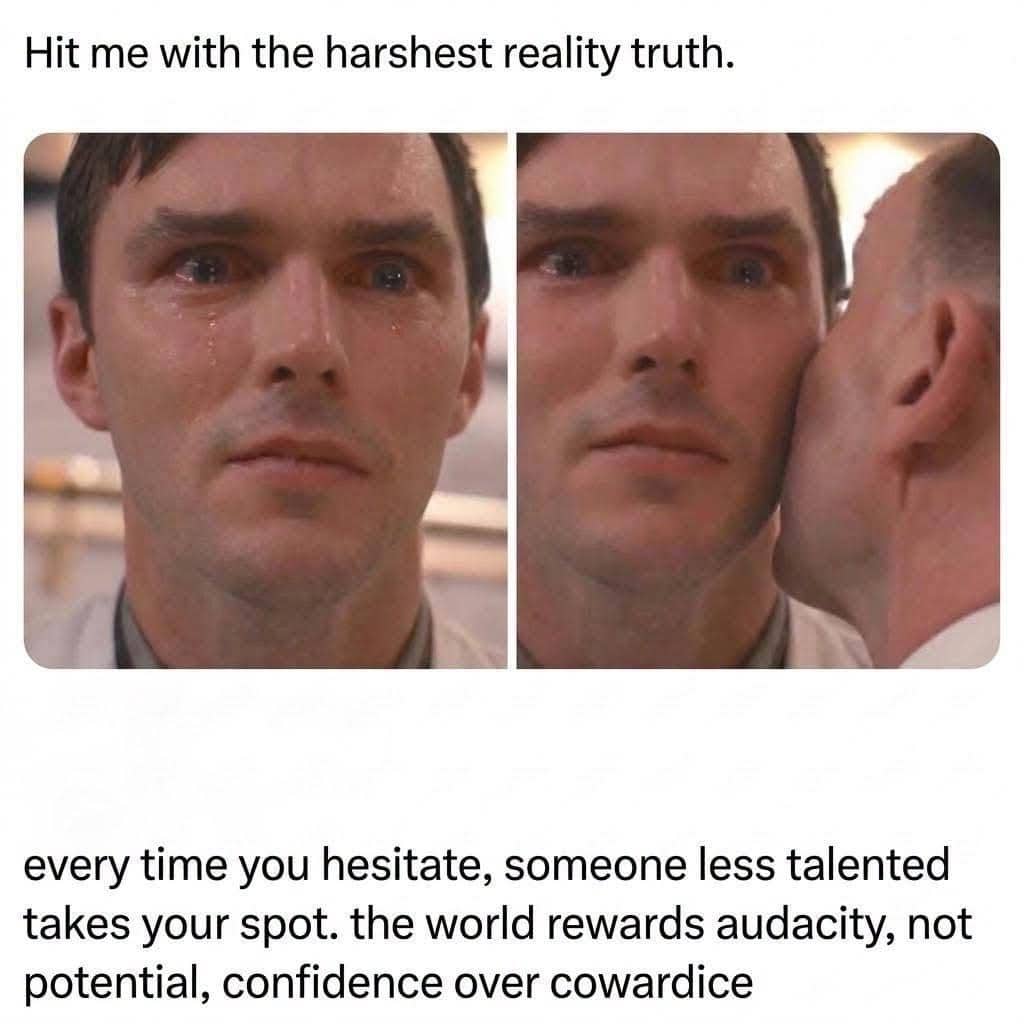 Nicholas Hoult crying in mirror scene meme about hesitation and ambition funny memes.