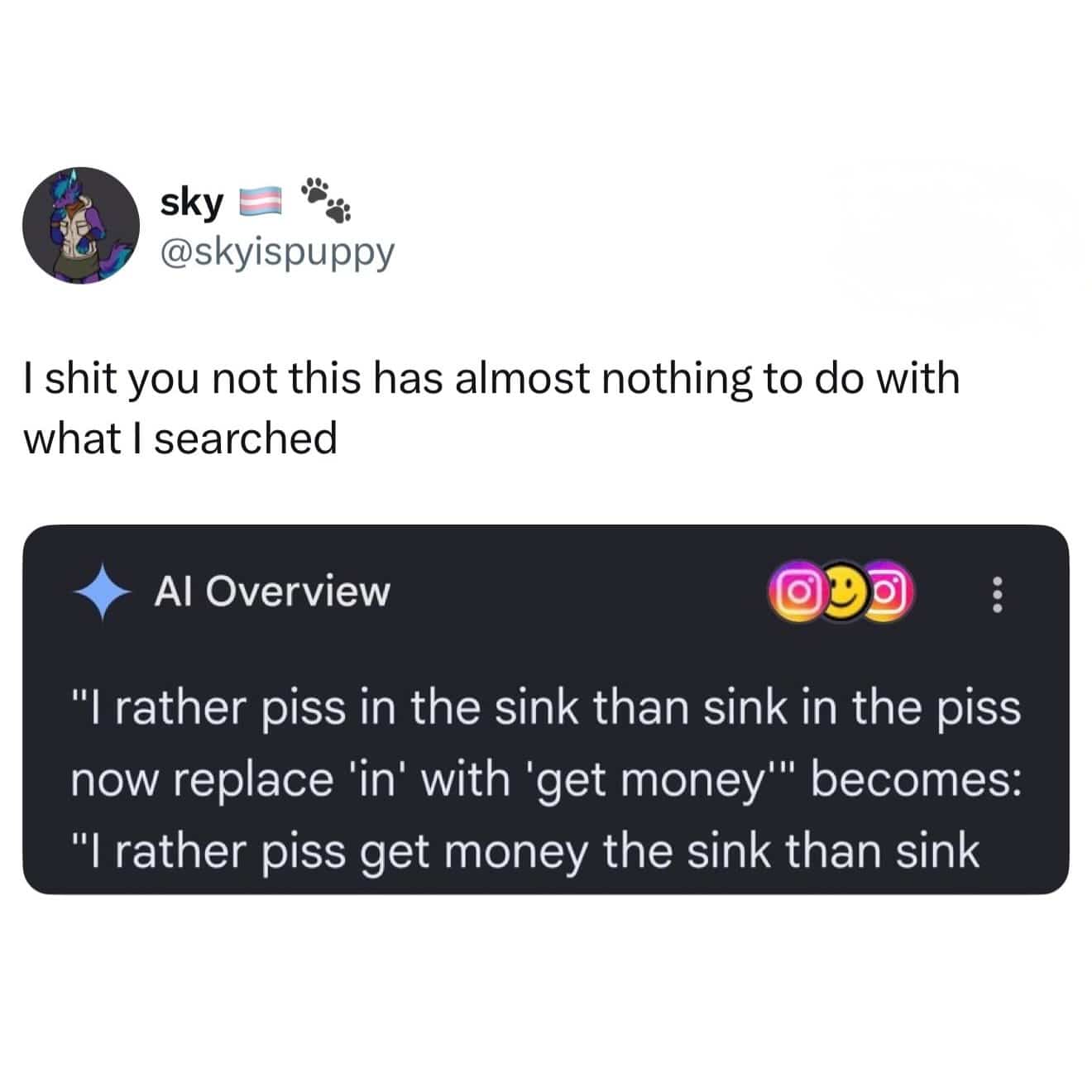 Screenshot of an AI Overview search result providing a nonsensical sentence replacement breakdown.