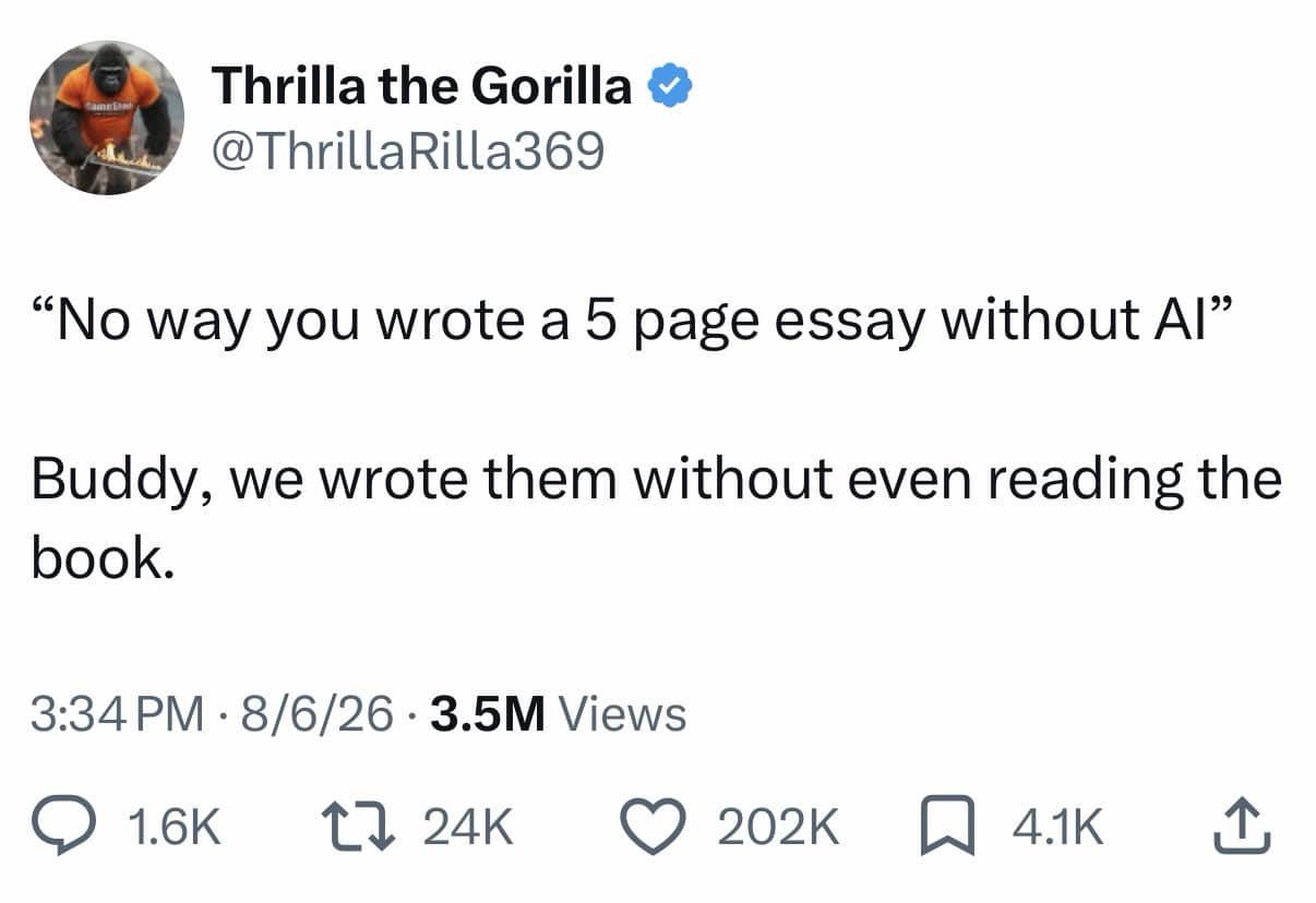 Viral tweet post about writing school essays without AI or reading book funny memes.
