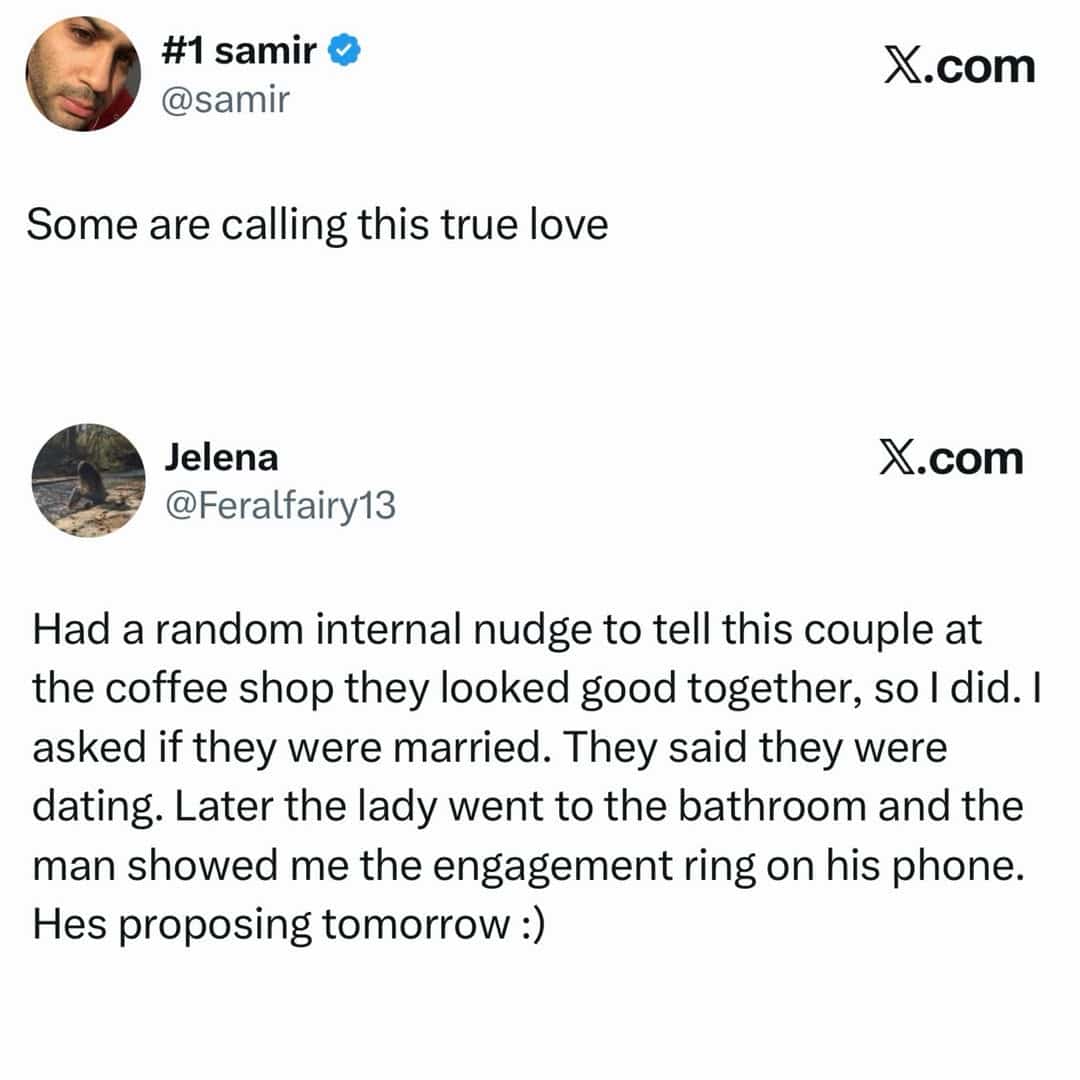 Wholesome social media post about a coffee shop interaction leading to an engagement proposal.