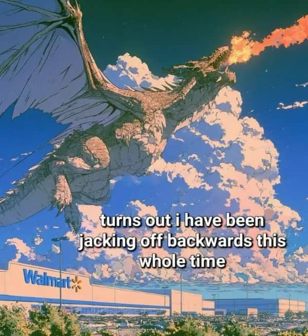 Surreal meme artwork of a massive dragon breathing fire above a Walmart store building.