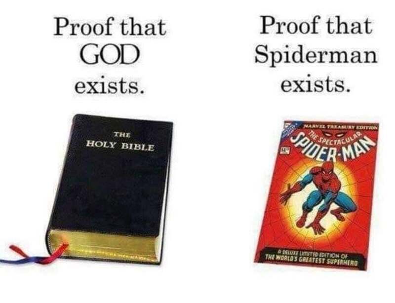 Religious debate funny meme comparing the Holy Bible and a Spider-Man comic book cover.