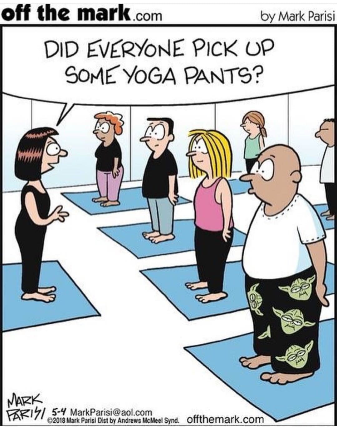 Comic strip of a yoga class where a man misinterprets pants as Yoda funny memes.