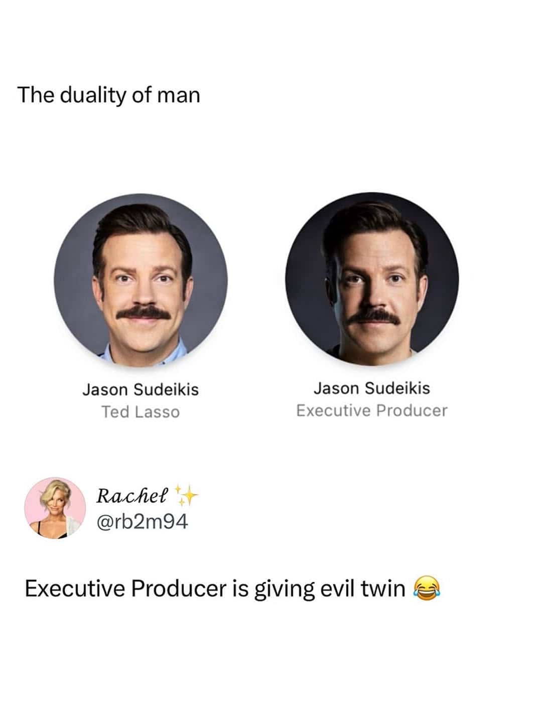 Funny memes post comparing Jason Sudeikis as Ted Lasso and his dark executive producer credit.