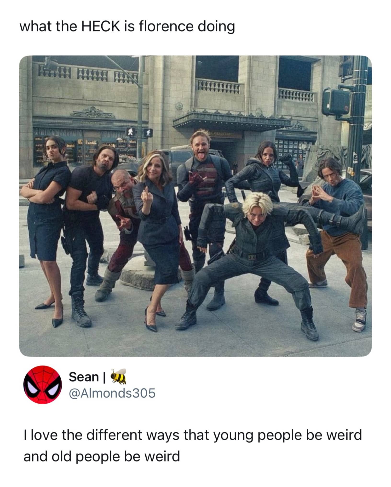 Funny Marvel Thunderbolts cast photo meme featuring Florence Pugh doing a wide superhero squat stance.