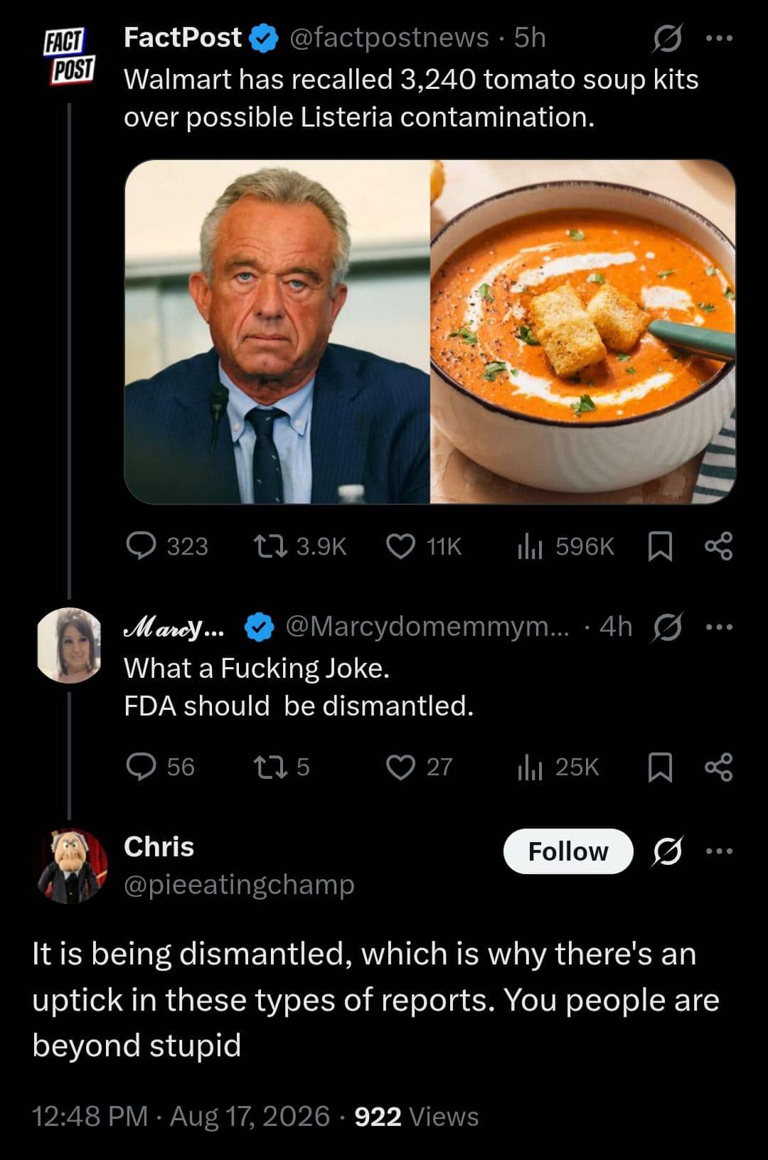Social media thread discussing news reports on food safety and FDA regulations, funny memes.