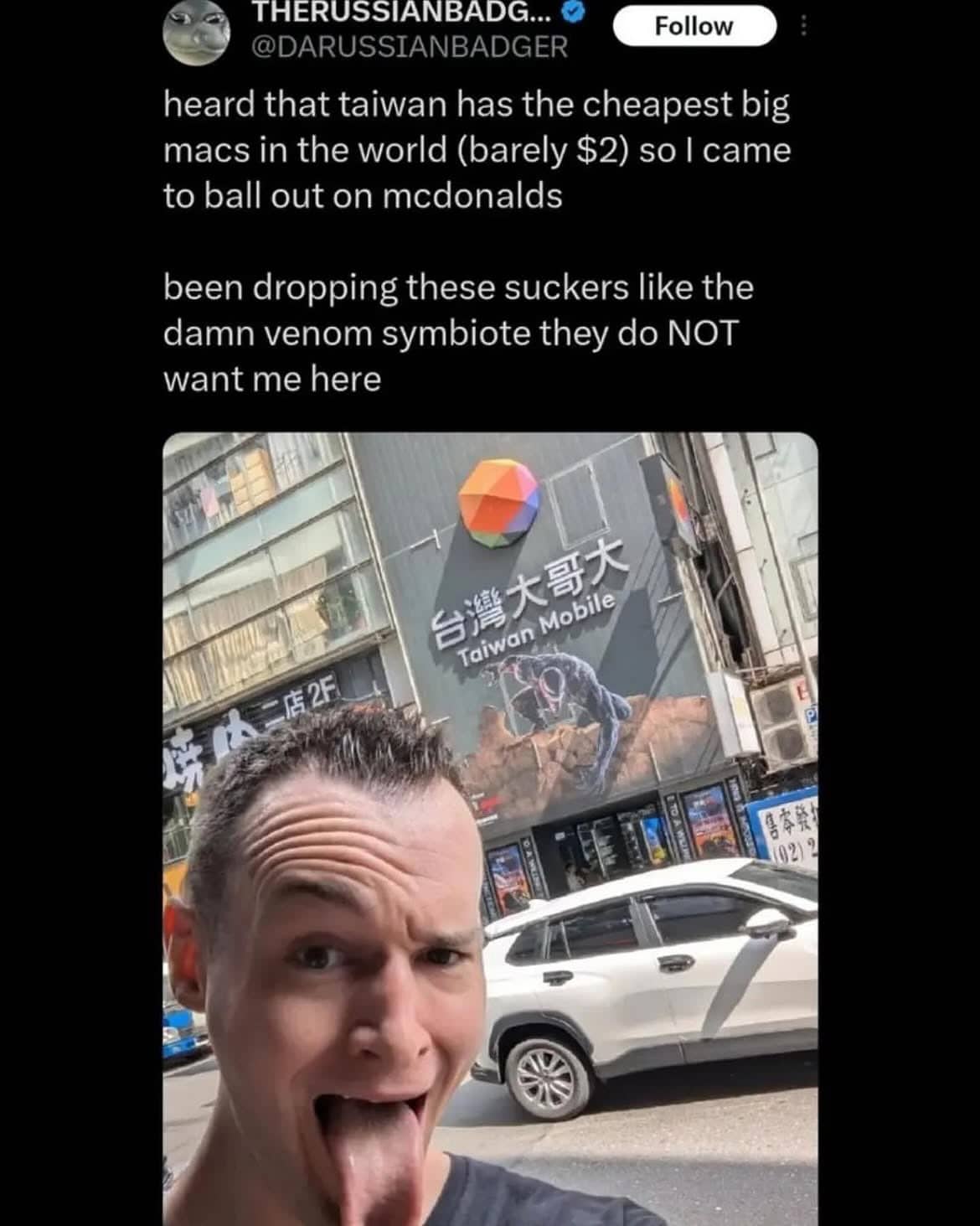 Fast food travel funny meme showing a man sticking his tongue out outside Taiwan.