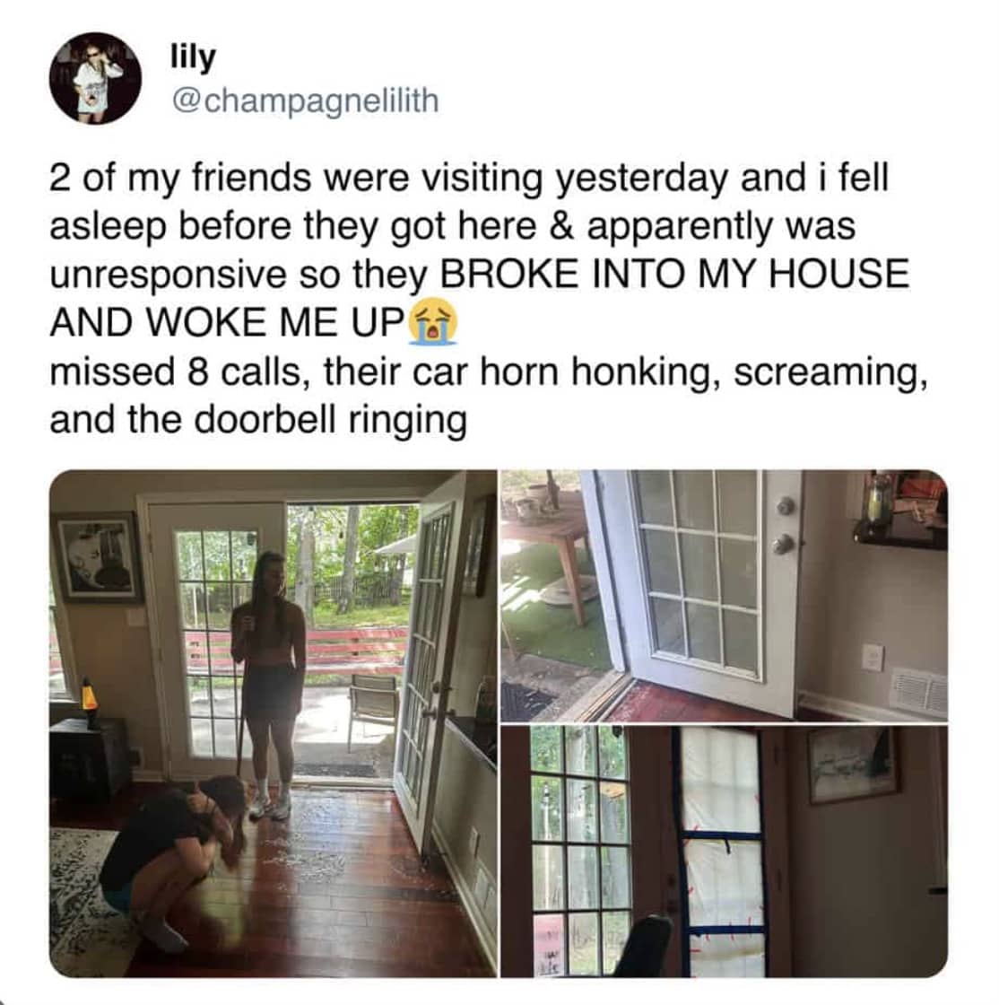 Text story meme showing friends breaking glass door to wake up heavy sleeping friend.