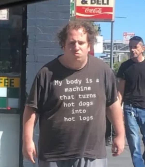 Funny t-shirt meme featuring a man wearing a shirt about hot dogs.