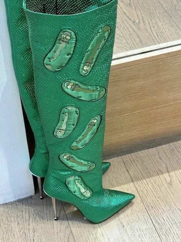 Bizarre fashion funny memes boots featuring embroidered Pickle Rick designs on green high heels.