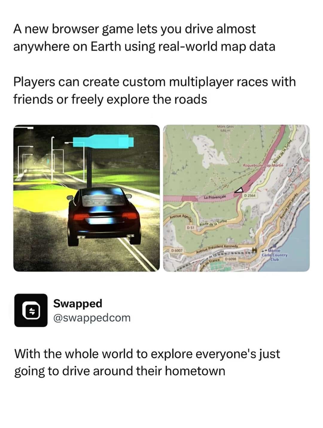 Map and gameplay preview of a driving browser game with a humorous commentary.