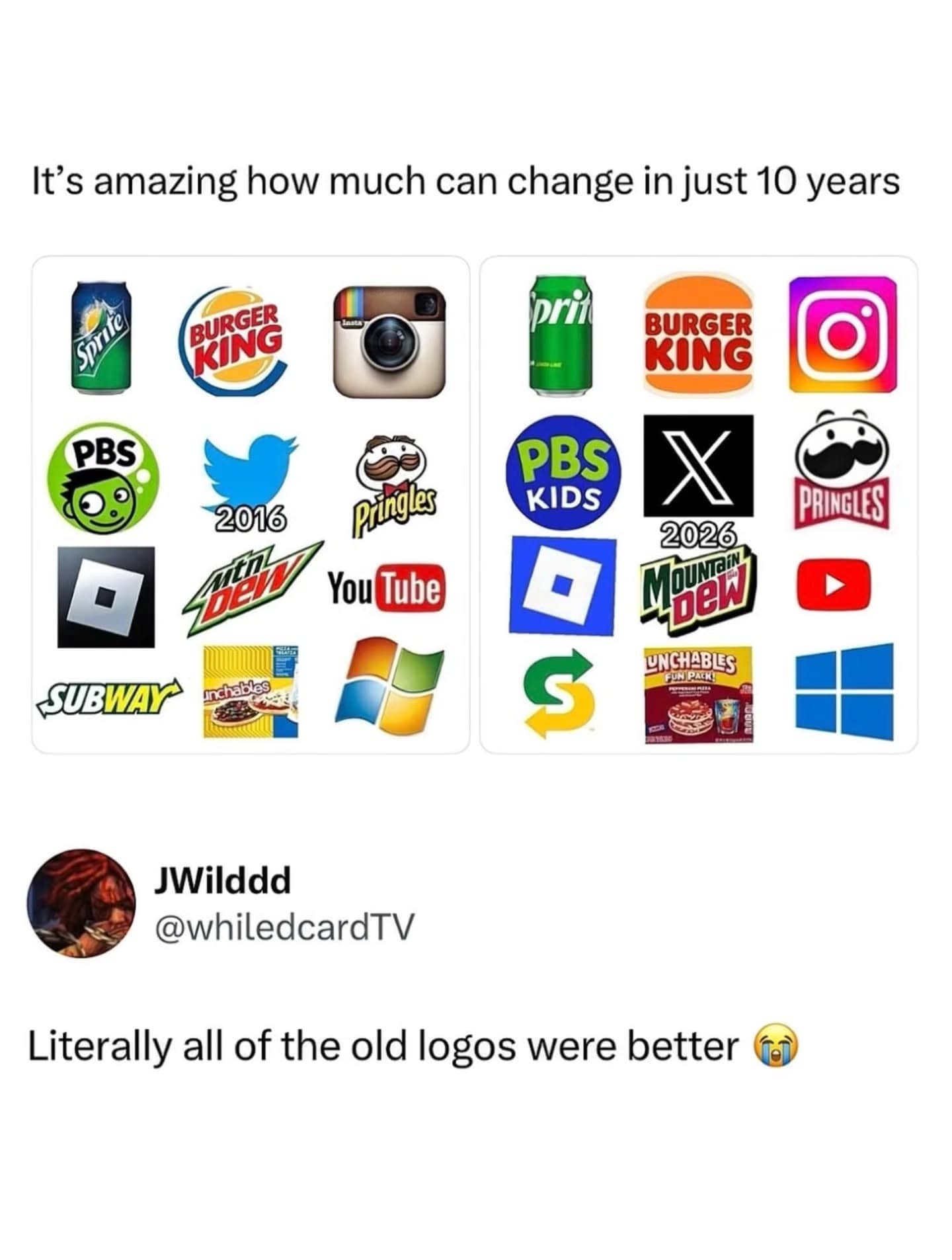 Side by side comparison of corporate logo redesigns over ten years, funny memes.