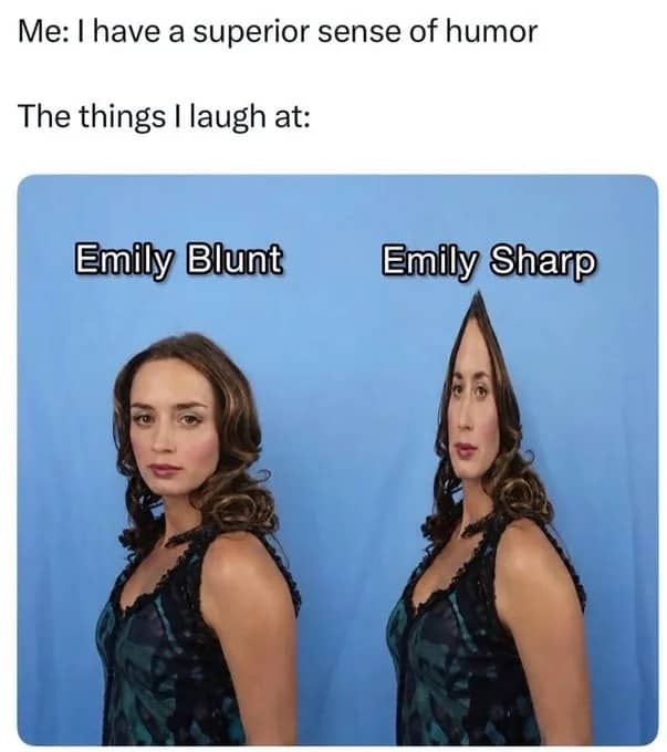 Pun meme comparing actress Emily Blunt to edited pointed head labeled Emily Sharp.