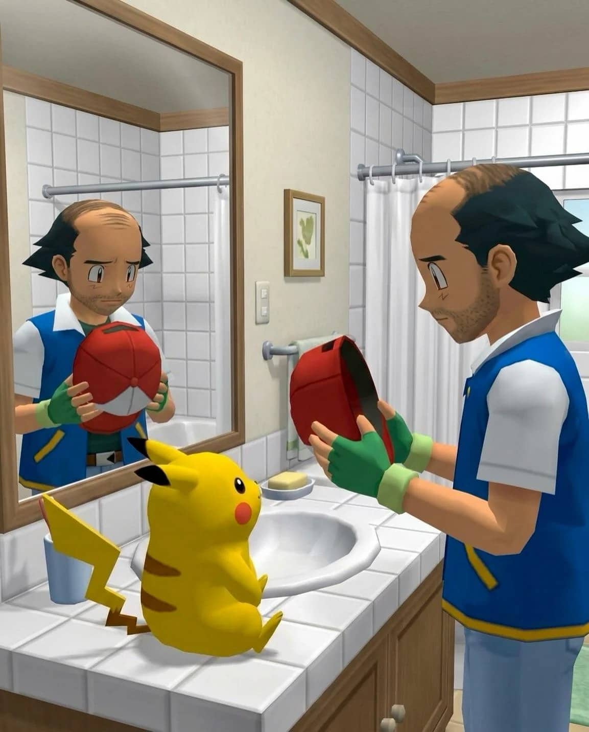 Funny Pokémon digital art showing an aging bald Ash Ketchum looking in mirror.