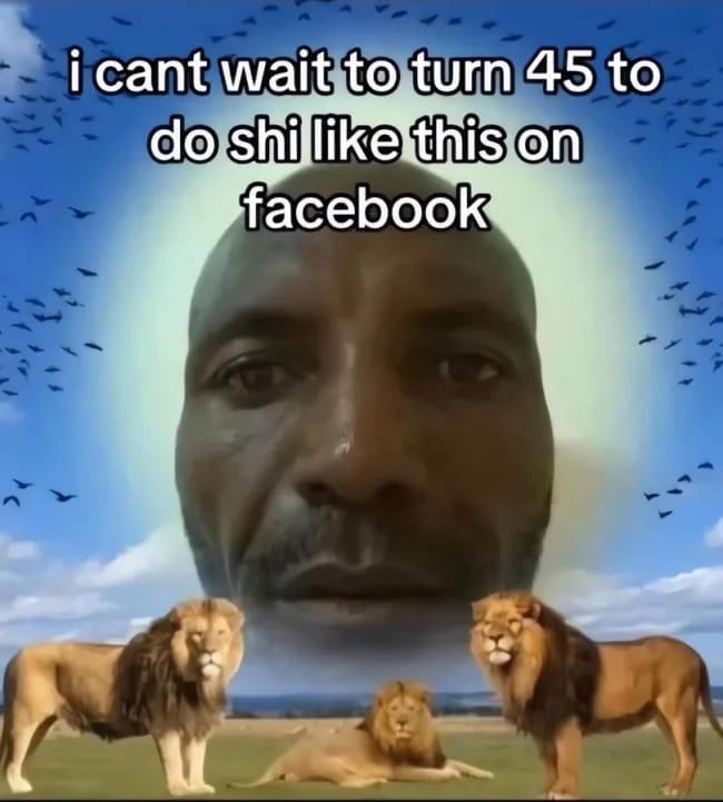 Older man face edited over sky with lions and Facebook post text funny memes.