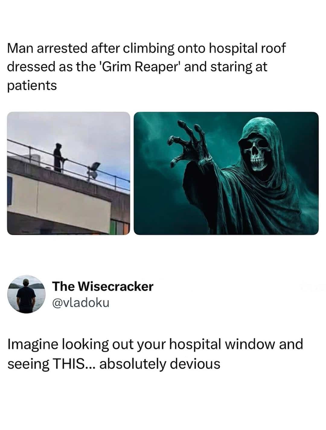 News article about a man dressed as the Grim Reaper standing on hospital roof.