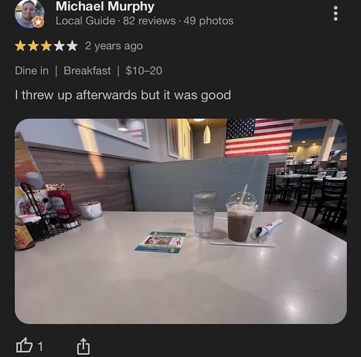 Diner review screenshot meme giving five stars while admitting to throwing up after eating.