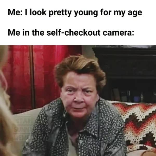 Elderly tired woman expression meme representing looking bad on self checkout store security cameras.