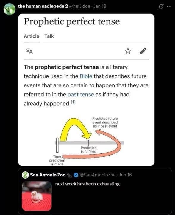 Wikipedia entry explaining prophetic perfect tense paired with an exhausting tweet caption, funny memes.