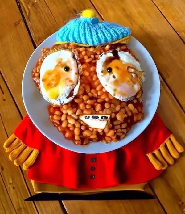 South Park character Eric Cartman created out of baked beans and eggs funny memes.