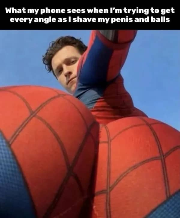 Spider-Man meme showcasing a funny low angle perspective looking upward at a superhero costume.