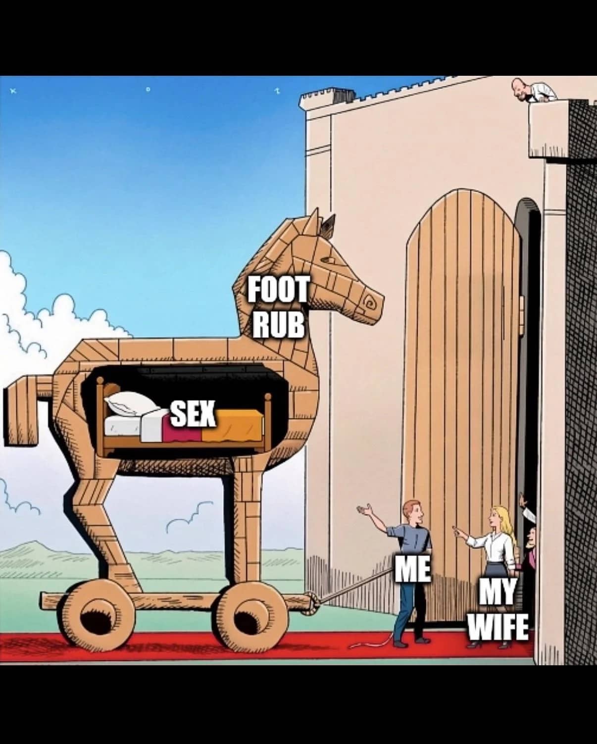 Trojan Horse illustration meme showing foot rub containing hidden bedroom intentions for wife.