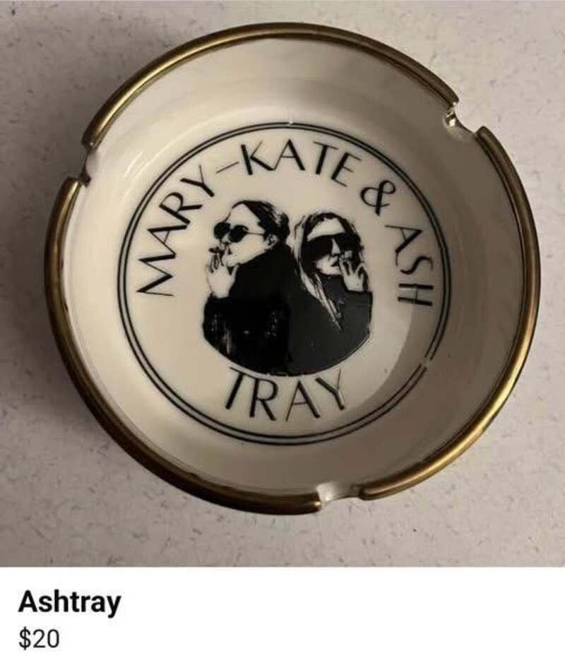 Pop culture product listing meme featuring an ashtray labeled Mary-Kate and Ash Tray.