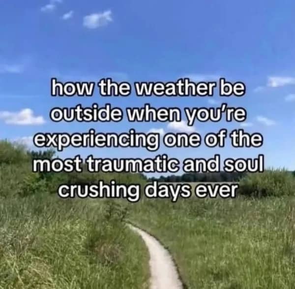 Beautiful sunny day outdoor nature path with relatable text about terrible personal days meme.