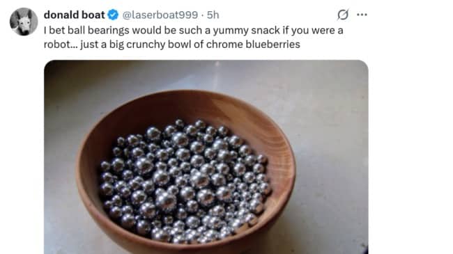 Quirky social media post featuring a wooden bowl full of shiny steel ball bearings.