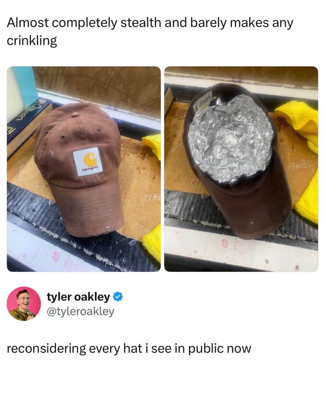 Brown Carhartt baseball cap lined with aluminum foil to secretly block radio signals.