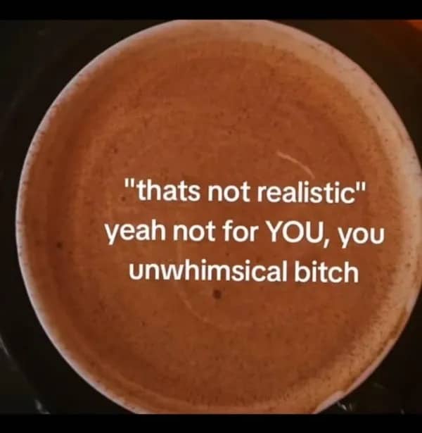 Top view of hot cinnamon drink with sassy text quote mocking unwhimsical people funny meme.