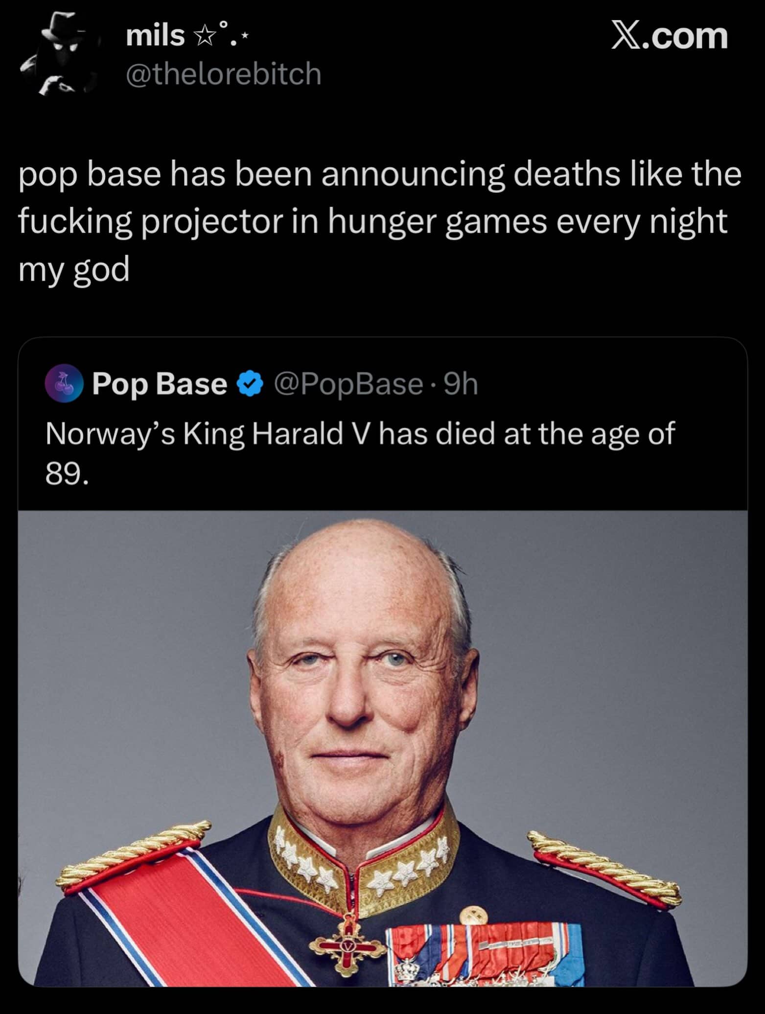 Pop culture meme comparing celebrity death announcements on social media to Hunger Games.