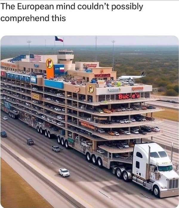 Surreal meme showing giant semi truck hauling massive multi story shopping center on Texas highway.