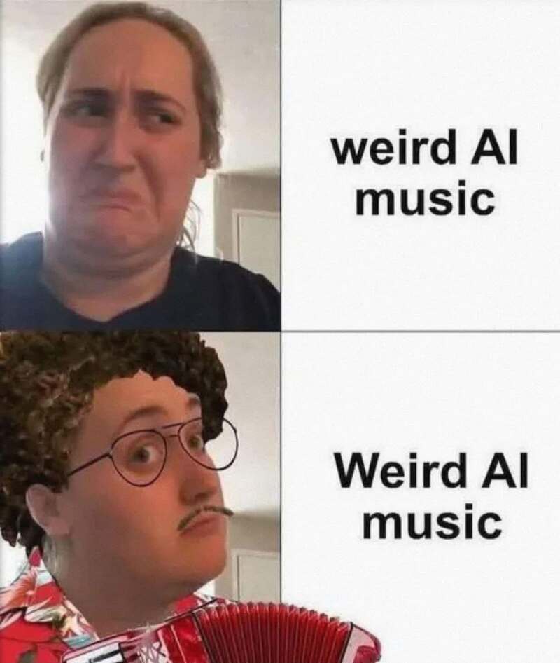 Funny memes comparison between weird AI music and classic Weird Al Yankovic accordion music.