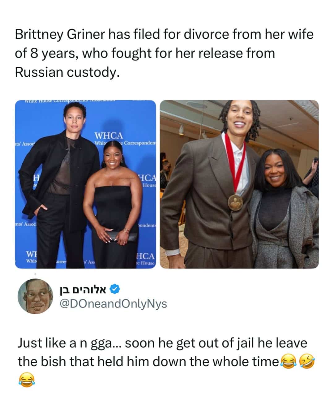 Viral funny memes tweet commenting on Brittney Griner filing for divorce after returning from Russia.